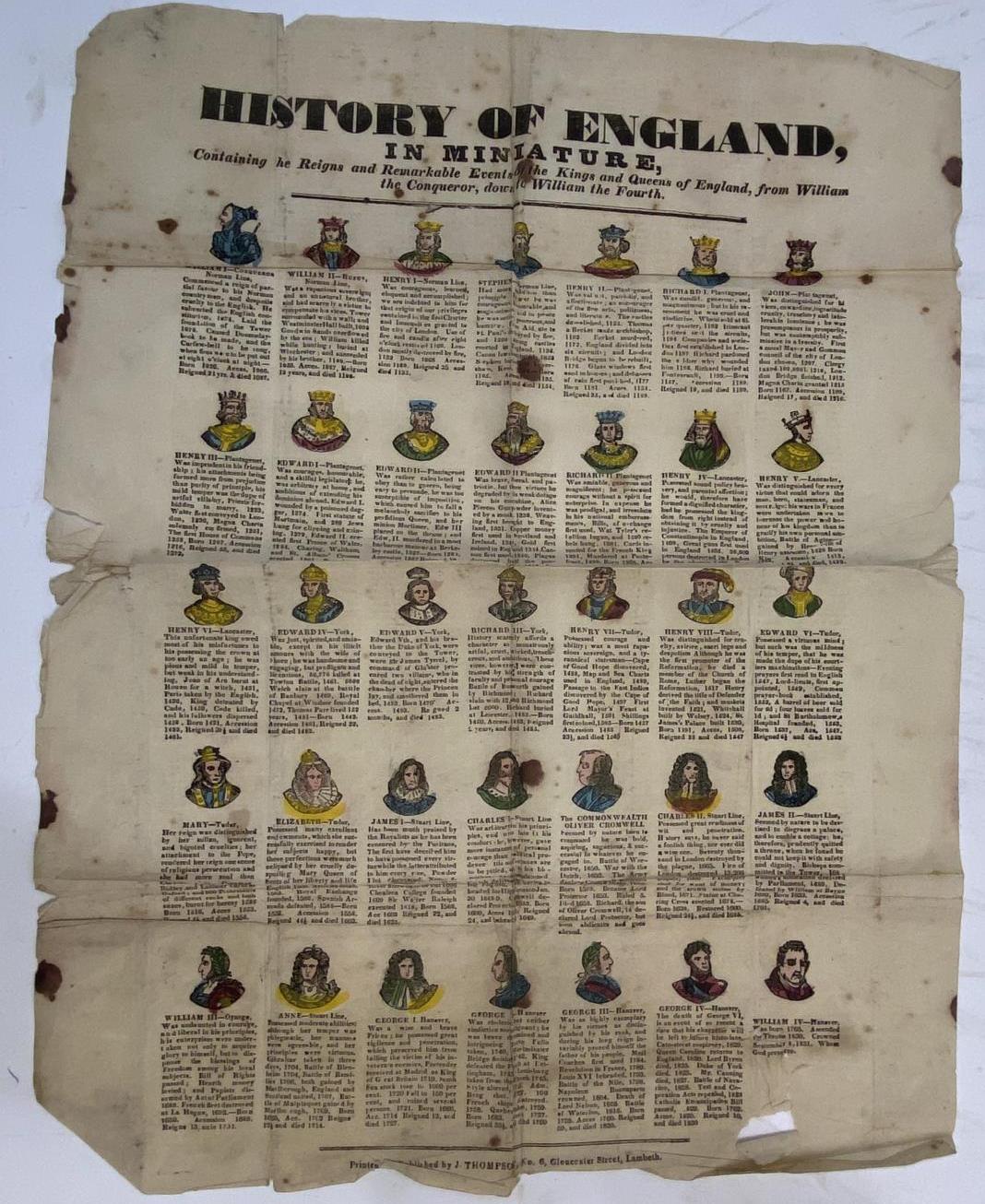 Broadside. History of England in Miniature, containing the Reigns and Remarkable Events of the Kings