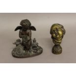 A FRENCH BRONZE STUDY OF A CHERUB, seated holding an artists palette on a naturalistic oval base,