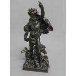 A LARGE 19TH CENTURY BRONZE OF NEPTUNE, standing with one hand raised and with a drape blowing