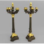 A PAIR OF EARLY 19TH CENTURY BRONZE AND GILT BRONZE CANDELABRA, with five scrolling branches and a