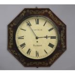 A REGENCY BRASS INLAID ROSEWOOD WALL CLOCK, the 12" white enamelled dial with Roman numerals