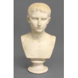 A WHITE MARBLE BUST OF CAESAR AUGUSTUS. 19th century, on a polished socle base, unsigned, height