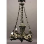 A BRONZE BAROQUE STYLE CEILING LIGHT, the pediment with four foliate link chains supporting the four