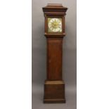 AN 18TH CENTURY OAK CASED 30 HOUR LONGCASE CLOCK, with an unsigned brass dial, the centre engraved