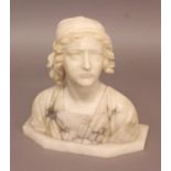 A CONTINENTAL MARBLE BUST, in the form of a woman in bonnet and shawl, on a shaped base, height