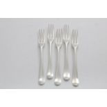 A SET OF FIVE LATE GEORGE II HANOVERIAN THREE-PRONG TABLE FORKS engraved with a coat of arms, by