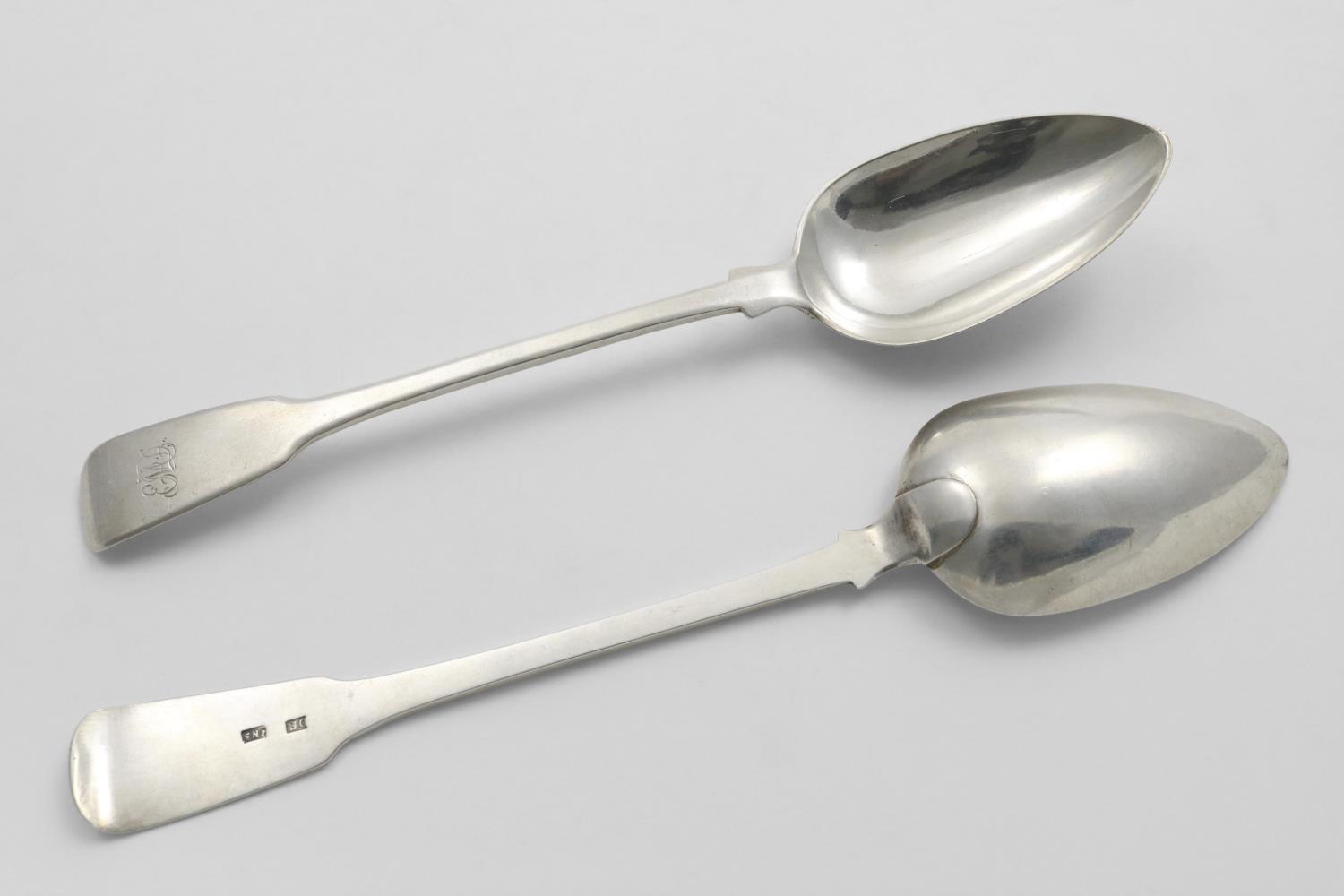TWO VERY SIMILAR GEORGE III SCOTTISH PROVINCIAL FIDDLE PATTERN TABLE SPOONS initialled "EMD", by