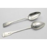 TWO VERY SIMILAR GEORGE III SCOTTISH PROVINCIAL FIDDLE PATTERN TABLE SPOONS initialled "EMD", by