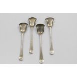 A SET OF FOUR GEORGE II HANOVERIAN PATTERN SALT SHOVELS crested, maker's mark "SK" or "SR" (script),