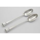 A PAIR OF GEORGE III IRISH HOOK-END BASTING SPOONS engraved with two crests (one front and one
