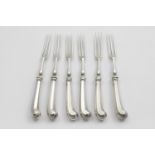 A SET OF SIX GEORGE I THREE-PRONG DESSERT FORKS with octagonal pistol handles, crested, maker's mark