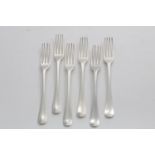 A SET OF SIX GEORGE II HANOVERIAN PATTERN TABLE FORKS engraved with a crest and the motto "ESSAYEZ",