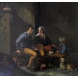 FOLLOWER OF FRANS VAN MIERIS THE ELDER (1635-1681) PEASANT FAMILY WITH A DOG IN AN INTERIOR OIl on