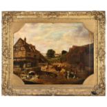 ENGLISH PROVINCIAL SCHOOL, MID-19th CENTURY A FARMYARD SCENE WITH A MAID FEEDING POULTRY, WITH