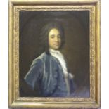 FOLLOWER OF JOHN VANDERBANK (1694-1739) PORTRAIT OF A GENTLEMAN Quarter length wearing a blue