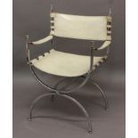 VINTAGE 1970'S ITALIAN LEATHER & CHROME ELBOW CHAIR possibly by Alexandro Albrizzi, a chrome X