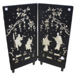 JAPANESE INLAID FOLDING SCREEN Meiji period, a two fold wooden screen inlaid in bone, ivory and