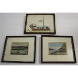 CHINESE PITH PAINTINGS three small framed paintings on rice paper, including one of a boat (19cms by