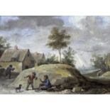 FOLLOWER OF DAVID TENIERS THE YOUNGER (1610-1690) PEASANTS WITH A DOG NEAR COTTAGES Bears name `