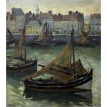 •JULES POSTEL (1867-1955) FISHING BOATS IN HARBOUR Signed, oil on canvas 78.5 x 70cm. ++ A little