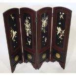 JAPANESE LACQUERED FOLDING SCREEN Meiji period, a four fold screen inlaid with bone, mother of pearl