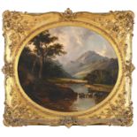 WILLIAM GUY WALL (1792-1864) A MOUNTAINOUS LAKE LANDSCAPE SCENE WITH FIGURES Signed, oil on