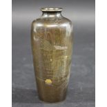 JAPANESE INLAID BRONZE VASE - SIGNED a small bronze vase inlaid in a variety of metals, designed