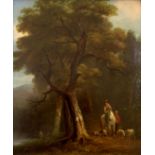 JOSEPH RHODES (1782-1855) COUNTRYFOLK WITH SHEEP ON A LAKESIDE PATH Bears signature verso, oil on