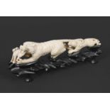 JAPANESE CARVED IVORY TIGER GROUP Meiji period, well carved with a large Tiger with an animal in