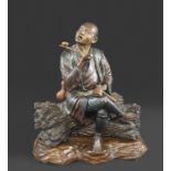 LARGE JAPANESE CARVED FIGURE Meiji period, a large and well carved figure of a gentleman holding a