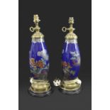PAIR OF JAPANESE PORCELAIN LAMPS late 19thc, each painted with flowers on a blue ground, with