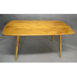 ERCOL DINING TABLE, TABLE EXTENSION & DINING CHAIRS a rectangular shaped dining table with rounded