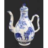 CHINESE BLUE & WHITE PORCELAIN JUG & LID late 19thc but in the Kangxi style, painted with a
