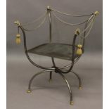 ITALIAN ROPE TWIST & TASSLE ELBOW CHAIR & THREE SIMILAR STOOLS with animal head finials on each