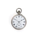 A SWISS SILVER OPEN FACED WATCH POCKET the white enamel dial with Roman numerals and subsidiary