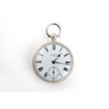 A SILVER OPEN FACED POCKET WATCH BY M. Mc.CALLUM, BARHEAD the signed white enamel dial with Roman