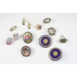 A QUANTITY OF JEWELLERY including a pair of enamel portrait miniature earrings, two enamel brooches,