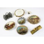 THREE OVAL-SHAPED GLASS PAINTED BROOCHES together with various other items of jewellery