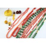 A QUANTITY OF CORAL AND JADE BEAD NECKLACE and various other items