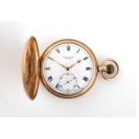 A 9CT GOLD FULL HUNTING CASED POCKET WATCH the white enamel dial signed Whittaker's Lever, with