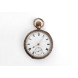 A SILVER OPEN FACED POCKET WATCH the white enamel dial with Roman numerals and subsidiary seconds