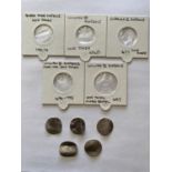 A COLLECTION OF SILVER COINS BENT AS LOVE TOKENS. Five silver sixpence coins, all bent in two