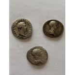 THREE ROMAN SILVER DENARIUS. Roman silver Denarius: Trajan, 98-117 AD, Rome Mint. Obv: Laureate bust