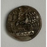 A ROMAN REPUBLIC PERIOD SILVER DENARIUS. Roman Republic silver denarius, obverse with a figure