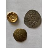 THREE ANCIENT TYPE COINS. A gilt metal coin, concave, obverse with a bearded figure of Christ