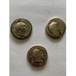 THREE ROMAN SILVER DENARIUS. Roman silver Denarius: Vespasian, 69-79 AD. Obv: Bust of Vespasian