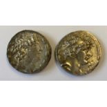 TWO GREEK SILVER TETRADRACHM. Two tetradrachm, posthumous issues, portrait r. reverse seated figures