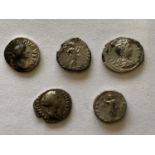 FIVE ROMAN SILVER DENARIUS. Roman Silver Denarius: Faustina II (Wife of Marcus Aurelius), 161-175