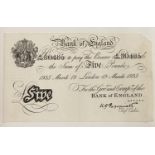 A WHITE FIVE POUND NOTE DATED 1935. A White Five Pound note issued on the 19th of March 1935, Number