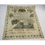 LARGE UNFRAMED SAMPLER - ANN RICKERBY, 1832 a William IV sampler, embroidered with a house above a